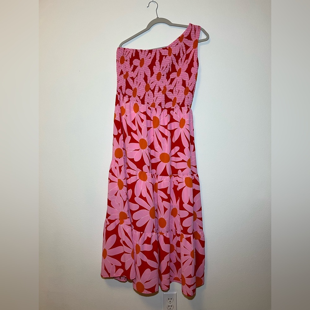 Pink and Red One Shoulder Floral Maxi Dress